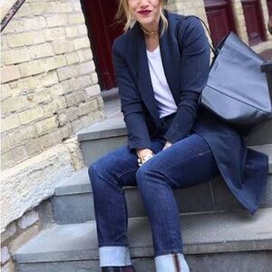 CABI 3180 Harbour Navy Blue Knit One Button Waist Tie Long Casual Blazer Jacket